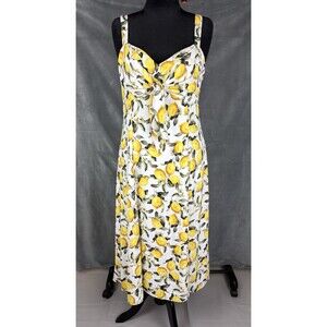 WHITE HOUSE BLACK MARKET Lemon Print Midi Dress Size 12 Front Tie, Slit